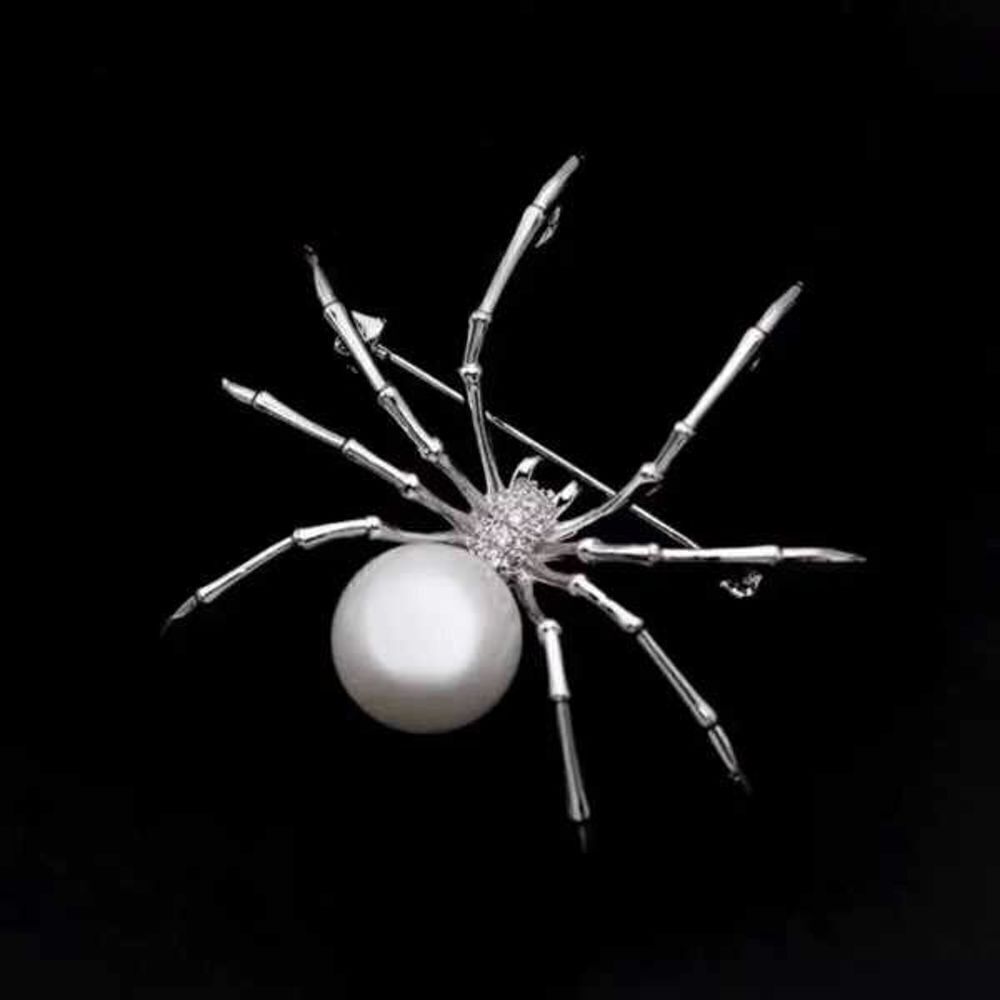PEARL DIAMOND SILVER SPIDER BROOCH PIN